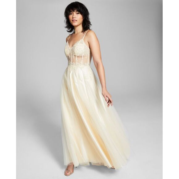 Blondie Nites Junior's Embellished Illusion Gown Yellow Size 15